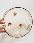 Midcentury pink gold gilded glass serving bowl with strawberry pattern