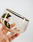 Midcentury pink gold gilded glass serving bowl with strawberry pattern