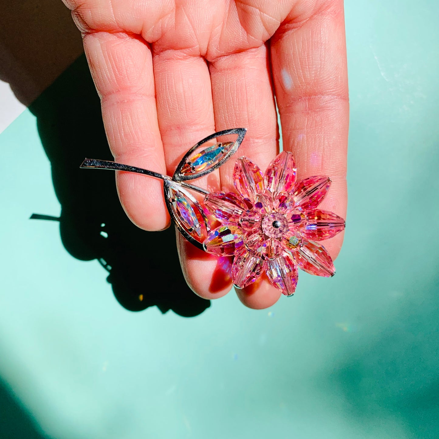 1940s costume flower brooch with pink Swarovski beads