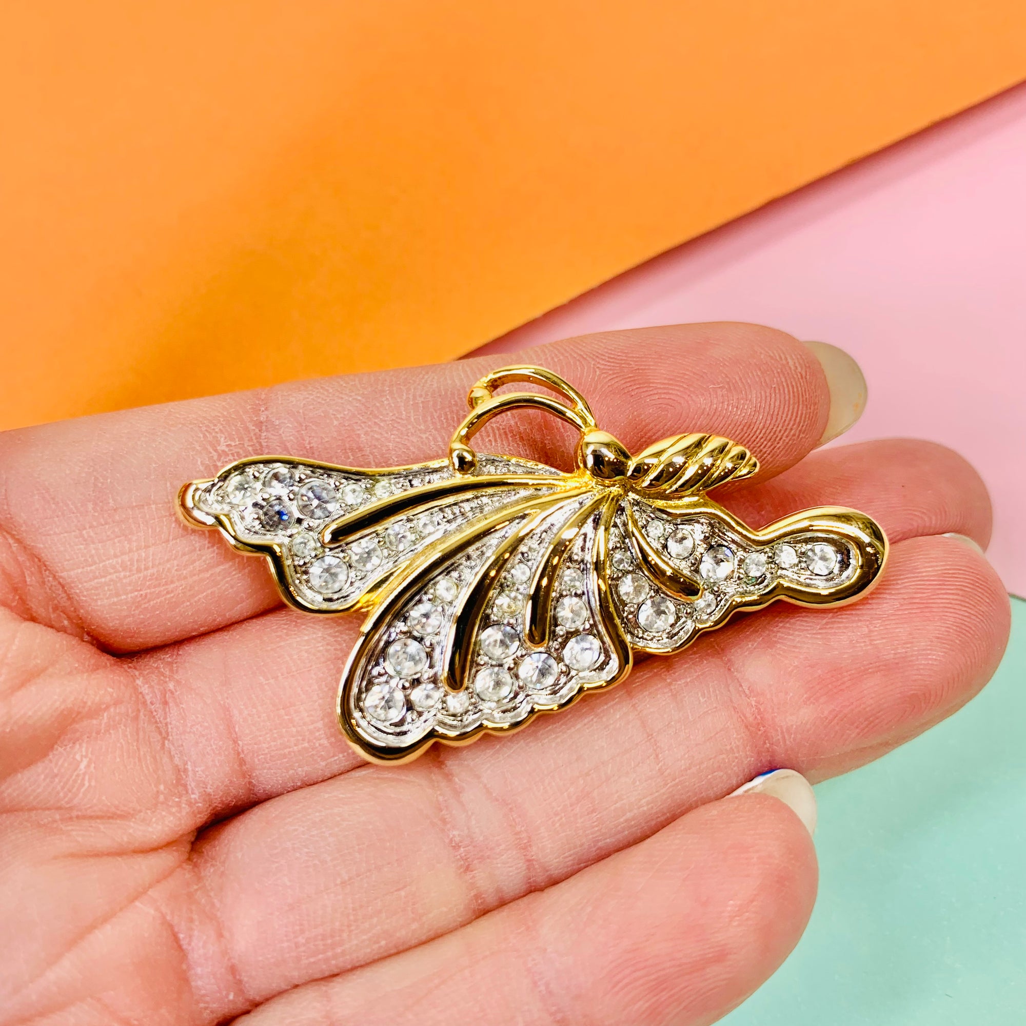 1980s plated alloy butterfly brooch with rhinestones