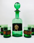 Rare Midcentury Italian green decanter glass set with detachable leather sleeves