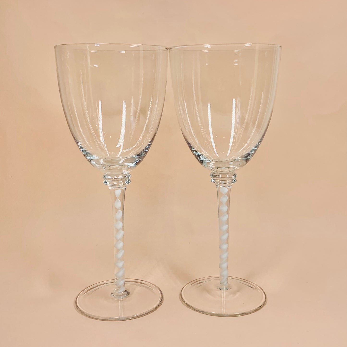 Rare hand made vintage white ribbon twist stem wine glasses