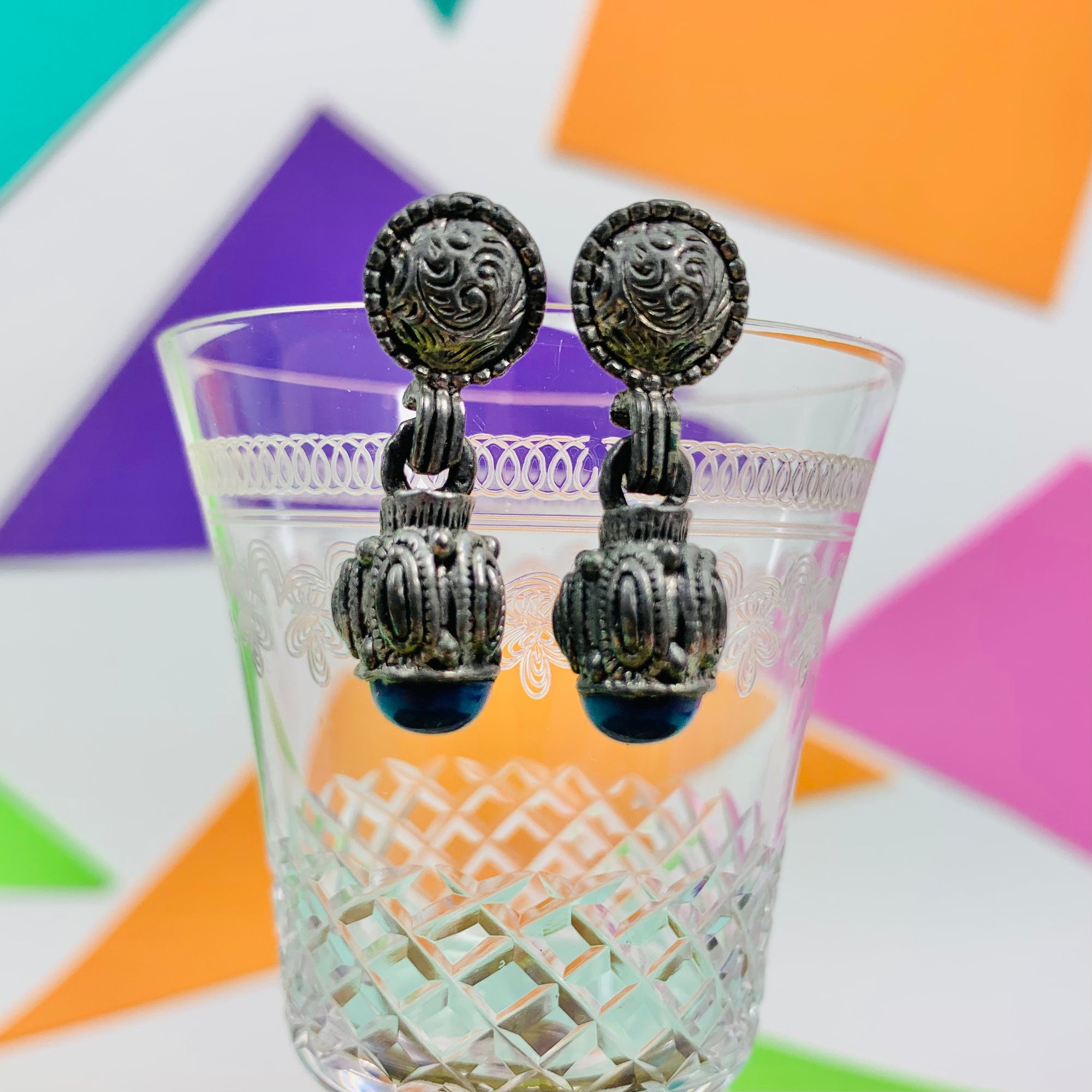 Antique nickel silver with lapis drop earrings