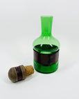 Rare Midcentury Italian green decanter glass set with detachable leather sleeves