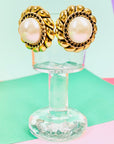 Rare stunning 1980s gold plated clip on pearl button earrings with filigree border