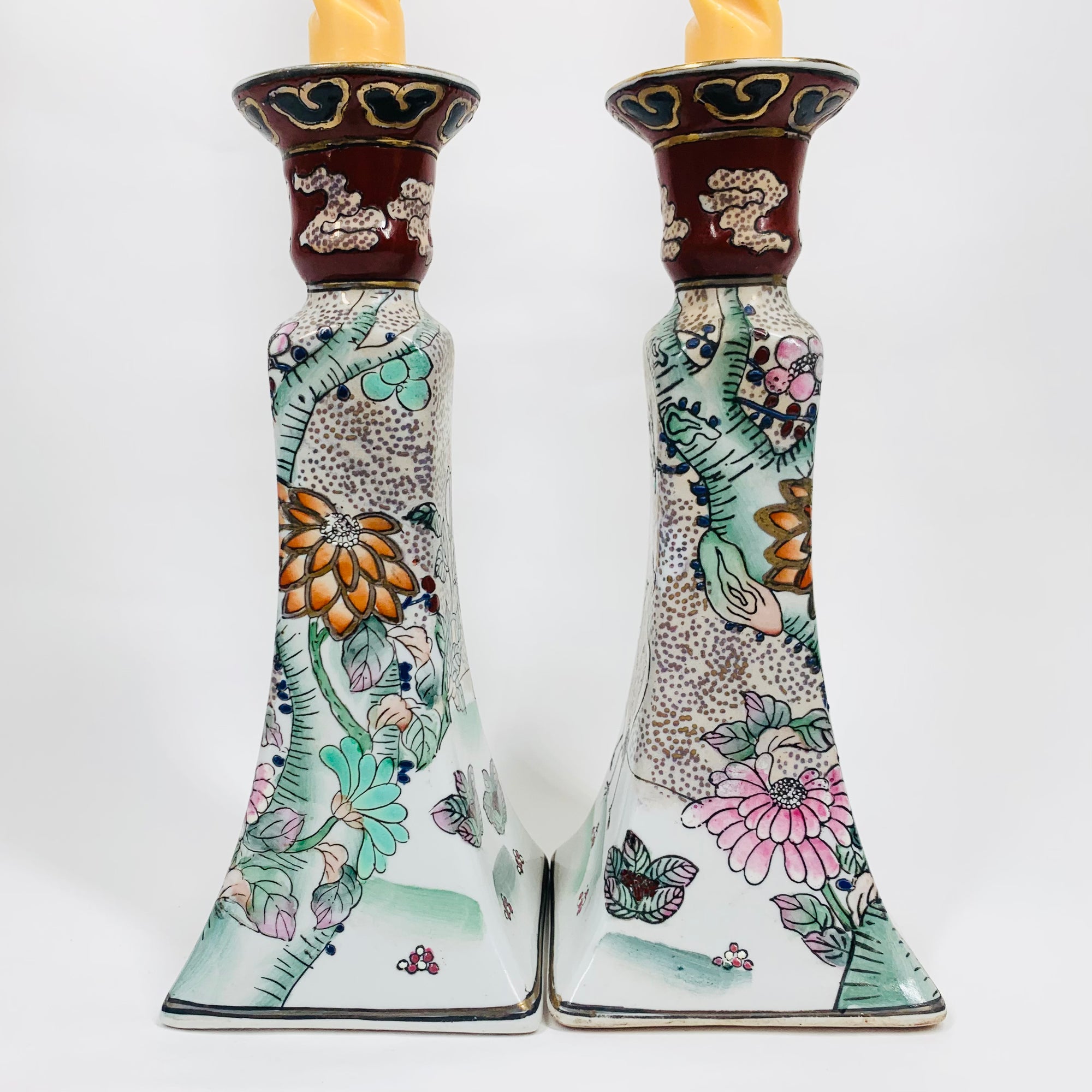 Extremely rare antique pair of Chinese hand painted porcelain candle holders