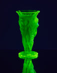Art Deco reproduction of Lalique Bacchantes nymph vase nude car mascot in uranium glass