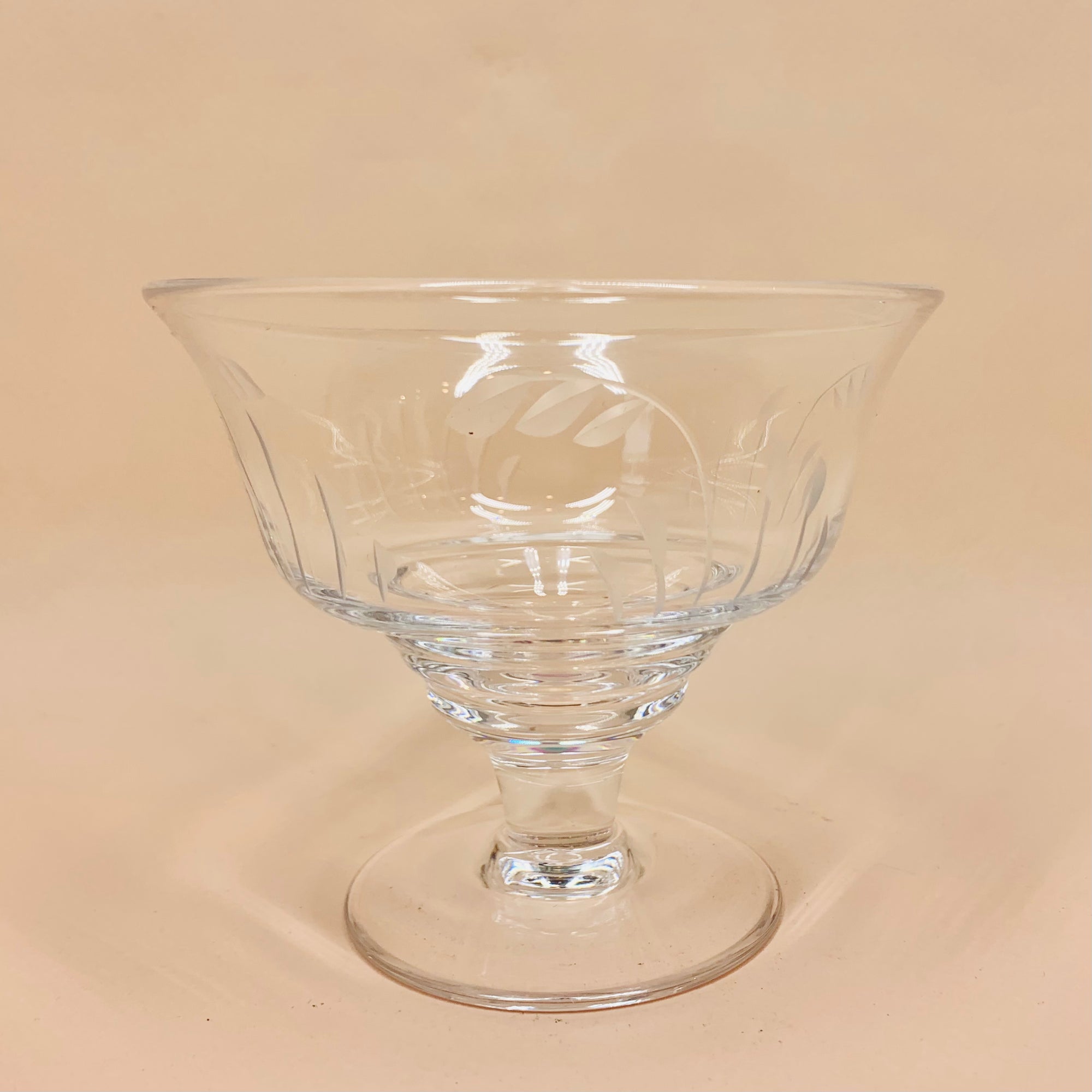 Vintage Stuart cut crystal champagne coupe with etched floral pattern