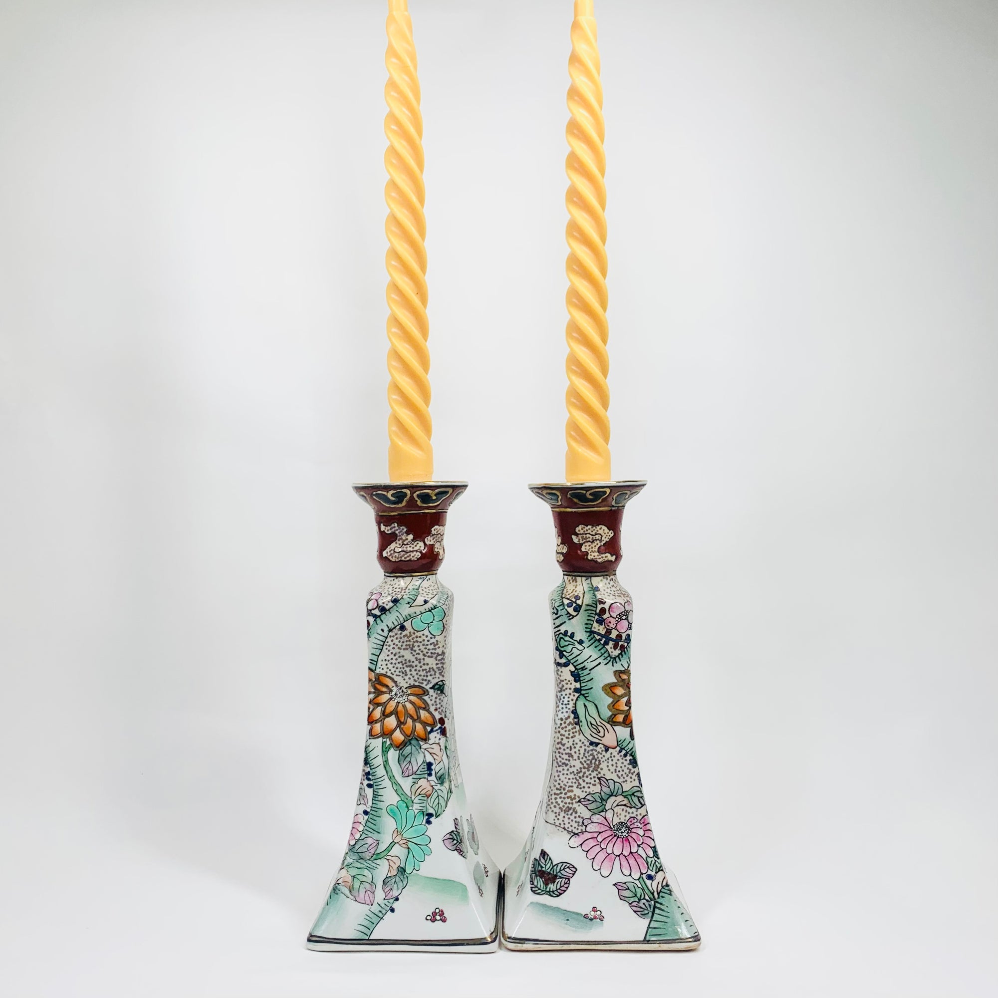 Extremely rare antique pair of Chinese hand painted porcelain candle holders