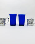 1950s JAPANESE COBALT BLUE GLASSES WITH SILVER PLATED SLEEVES
