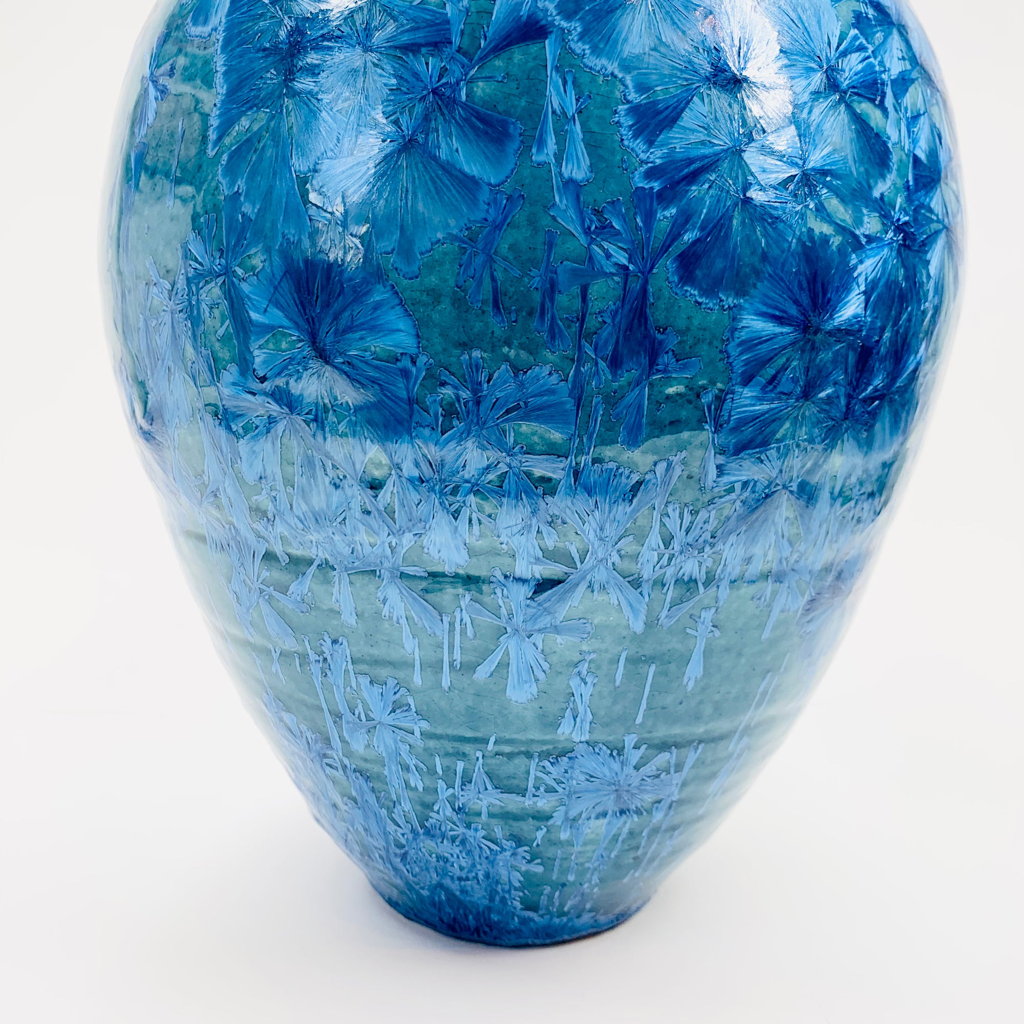 Retro hand made Australian turquoise blue gradient crystalline pottery bottle vase