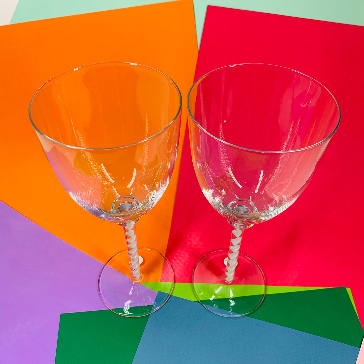 Rare hand made vintage white ribbon twist stem wine glasses