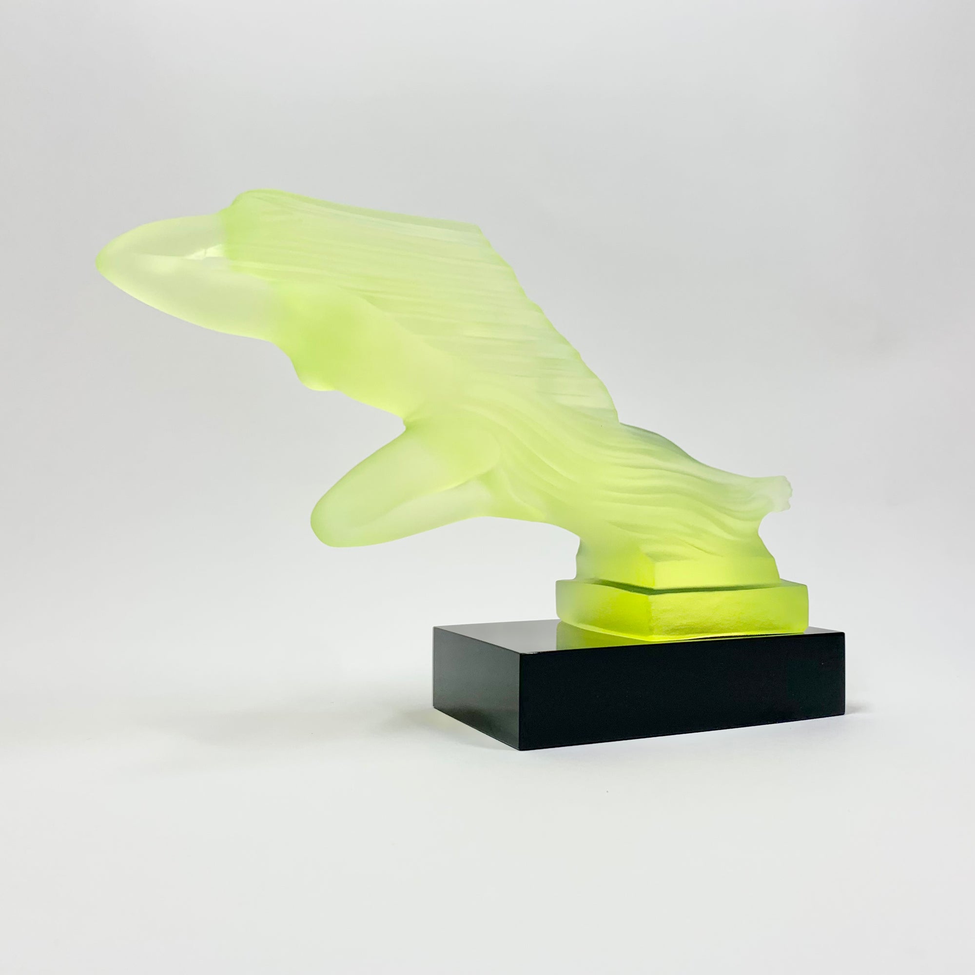 Art Deco reproduction of Lalique car mascot in uranium glass