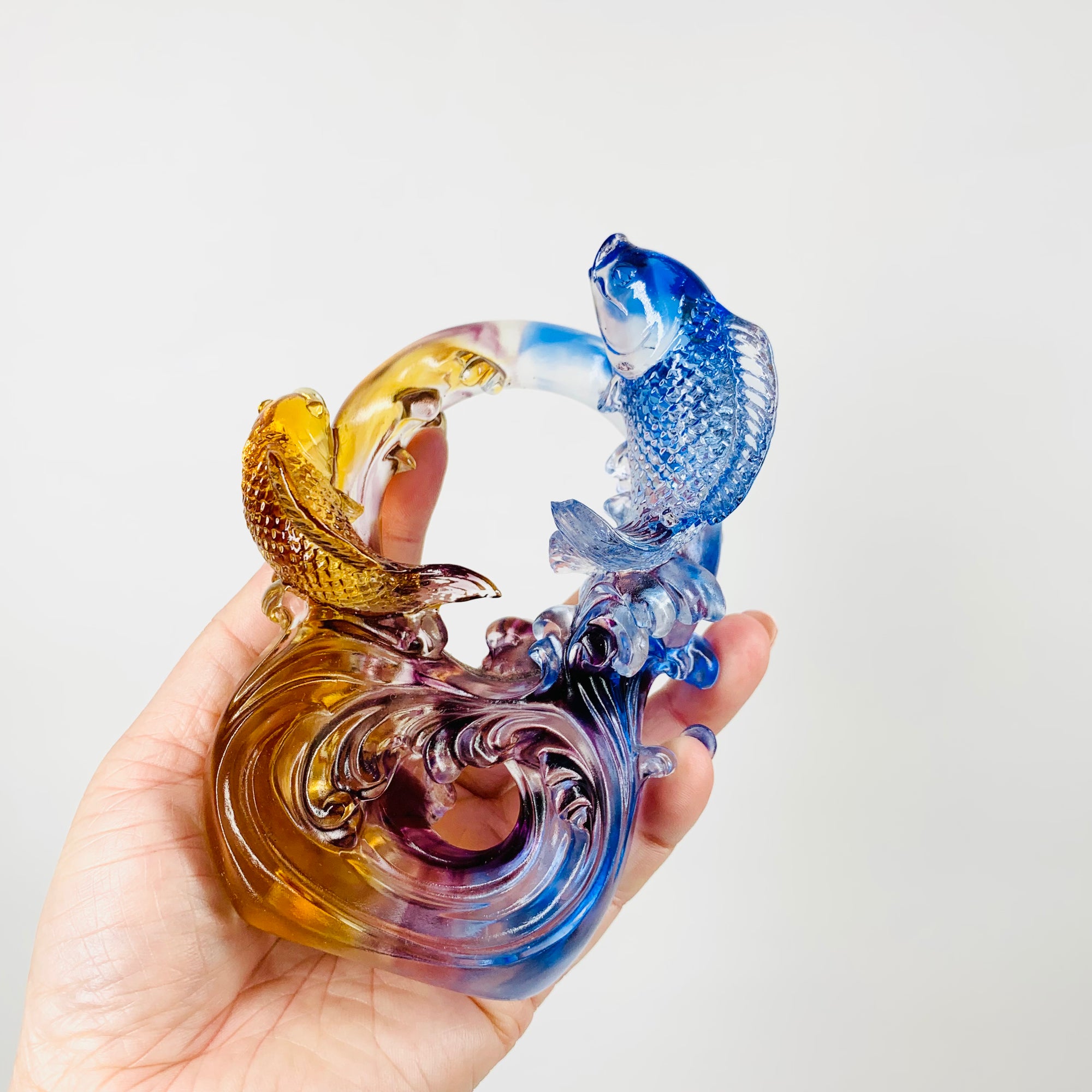 Vintage Chinese mini harlequin art glass sculpture of leaping carp