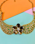 1980s Coro triple plated gold statement necklace with daisy crystals pendant and rhinestones