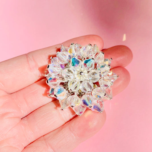 1940s costume flower brooch with clear Swarovski beads