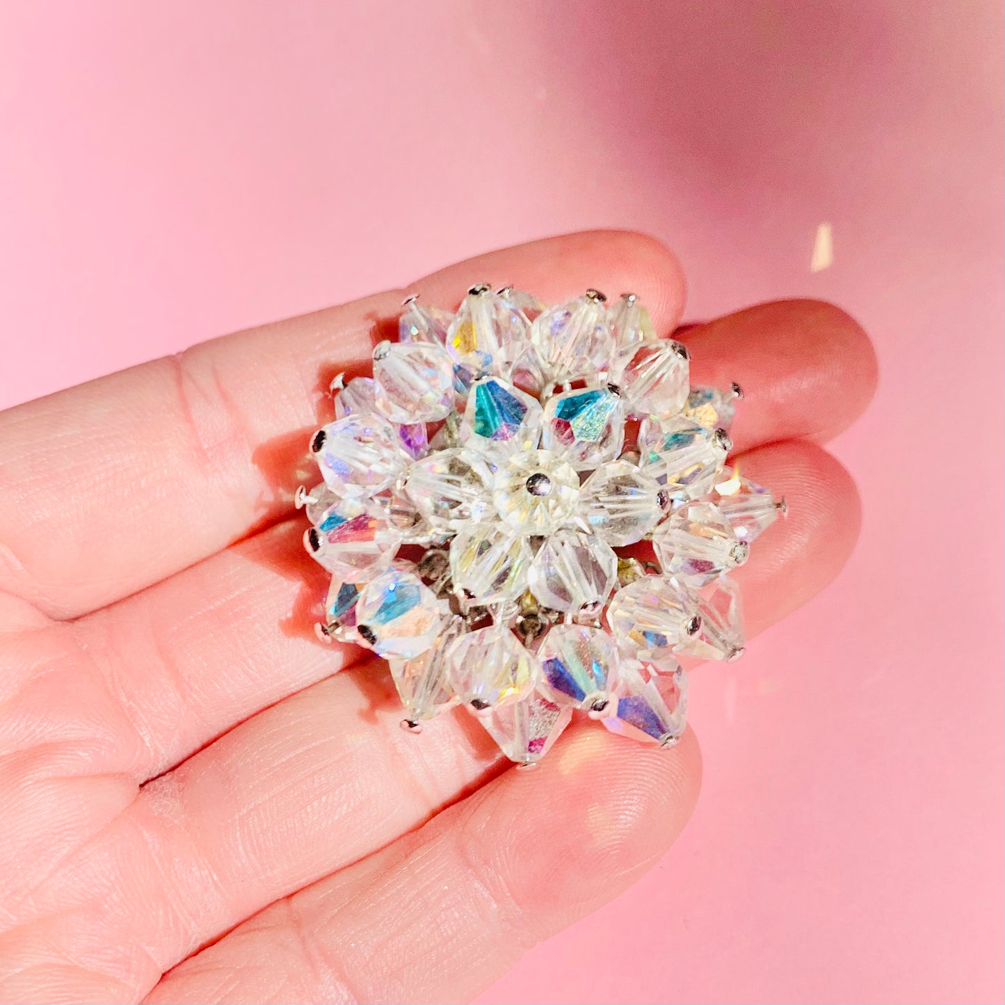 1940s costume flower brooch with clear Swarovski beads
