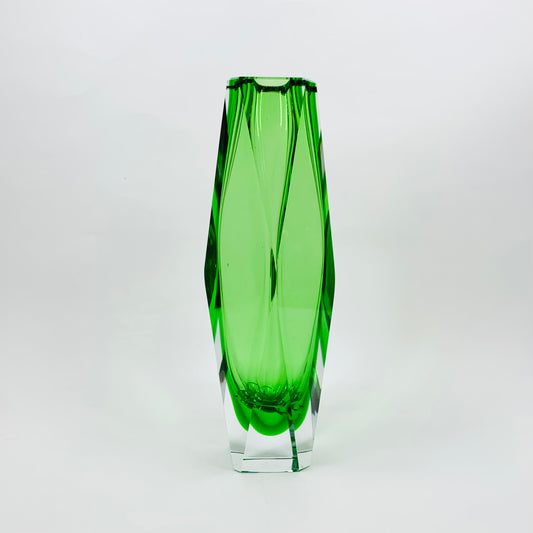 Large MCM green Murano faceted sommerso glass vase by Mandruzzato