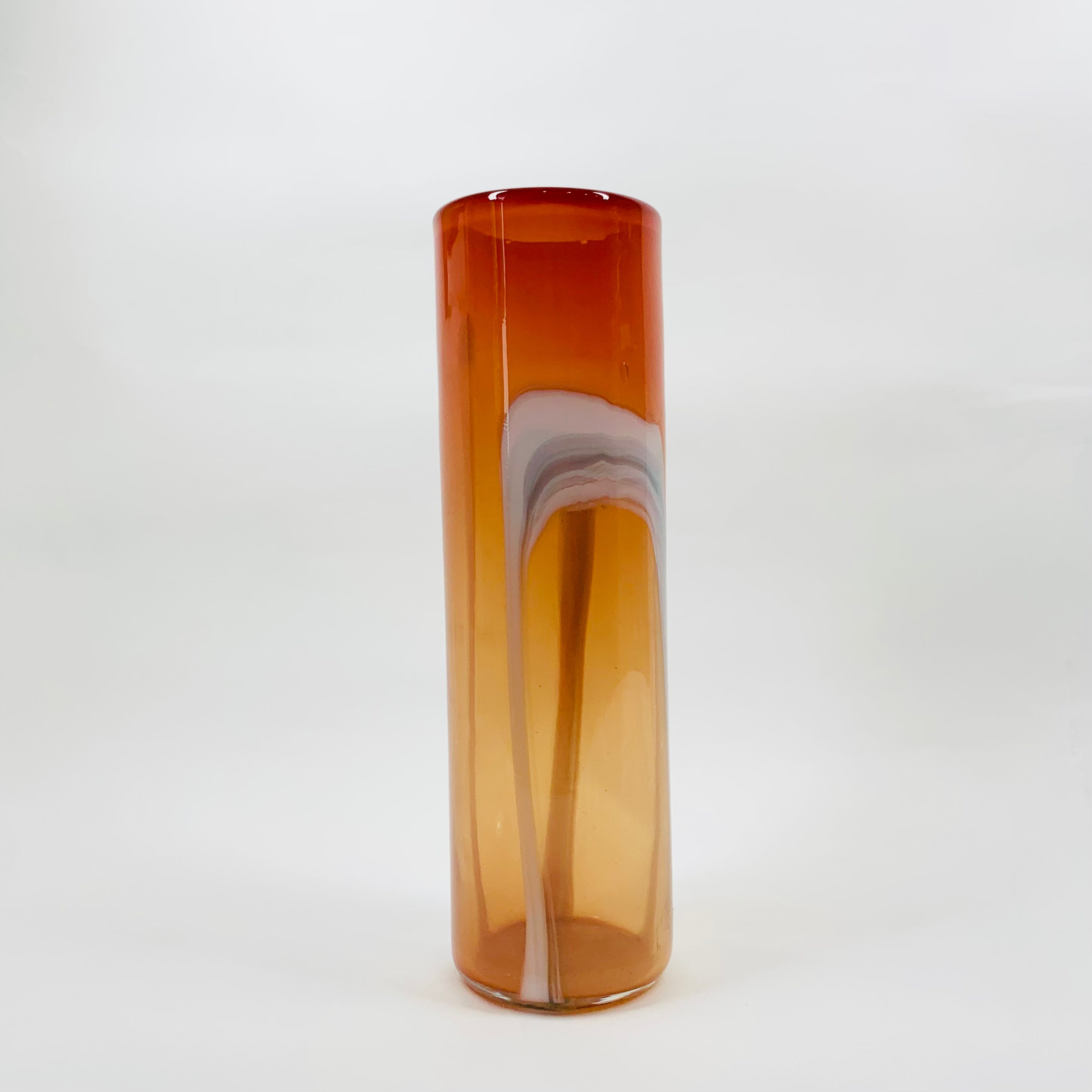 1980s orange mouth blown studio art glass tube vase by Suzanne Kindlan