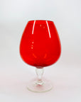 Large Midcentury Italian red glass brandy balloon vase with clear stem