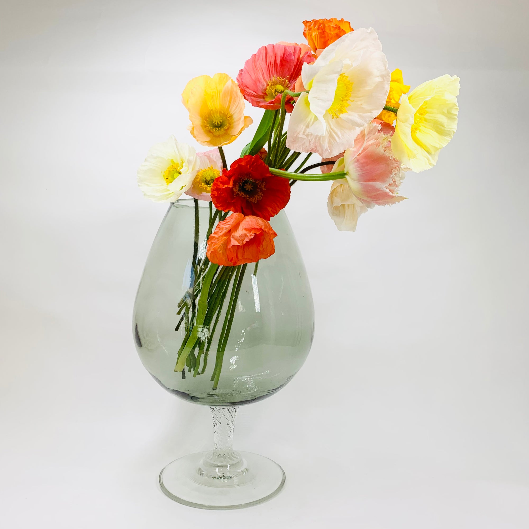 Huge Midcentury Italian grey glass brandy balloon vase with clear stem