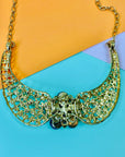 1980s Coro triple plated gold statement necklace with daisy crystals pendant and rhinestones