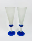 Extremely rare 1980s mouth blown Memphis satin blue glass flutes