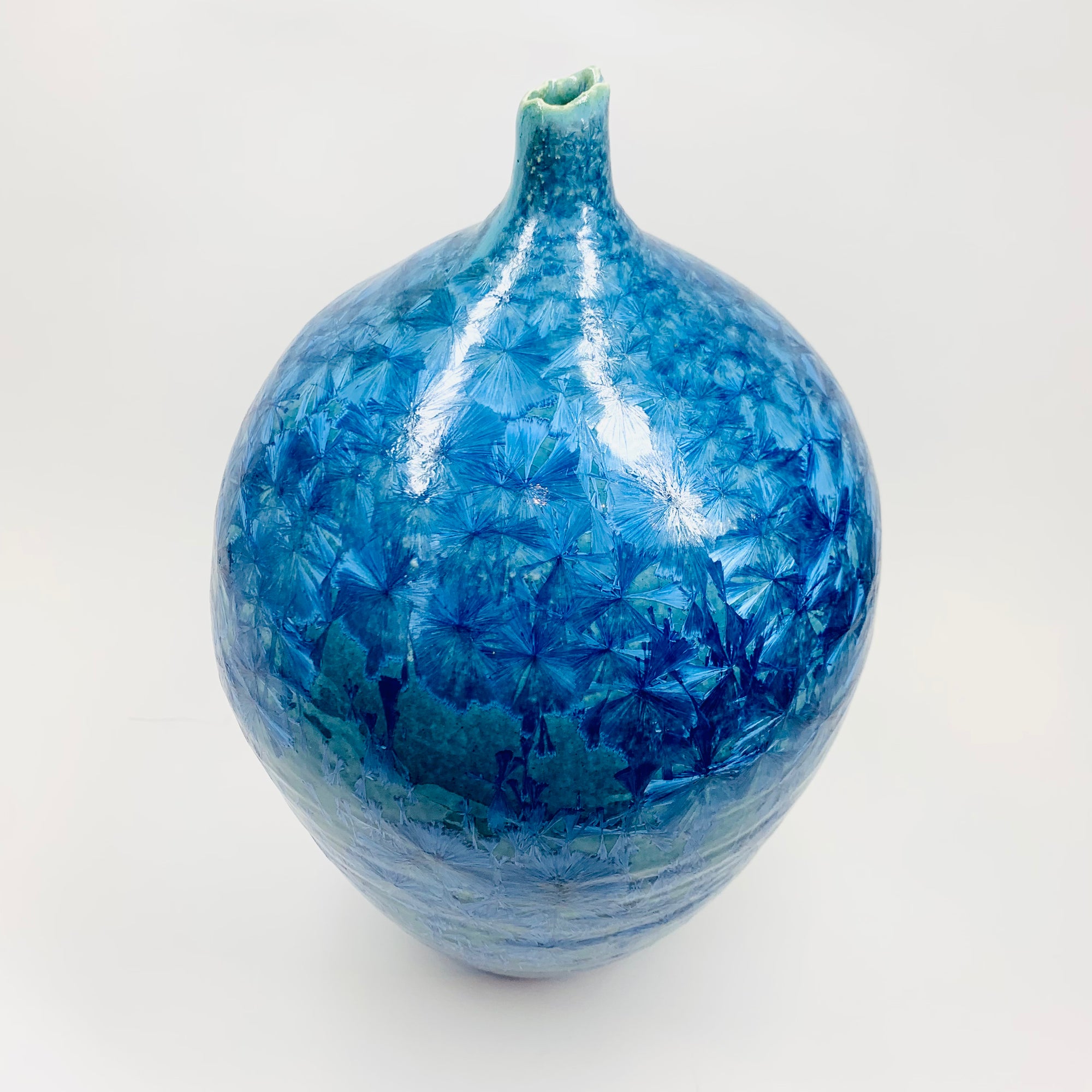 Retro hand made Australian turquoise blue gradient crystalline pottery bottle vase