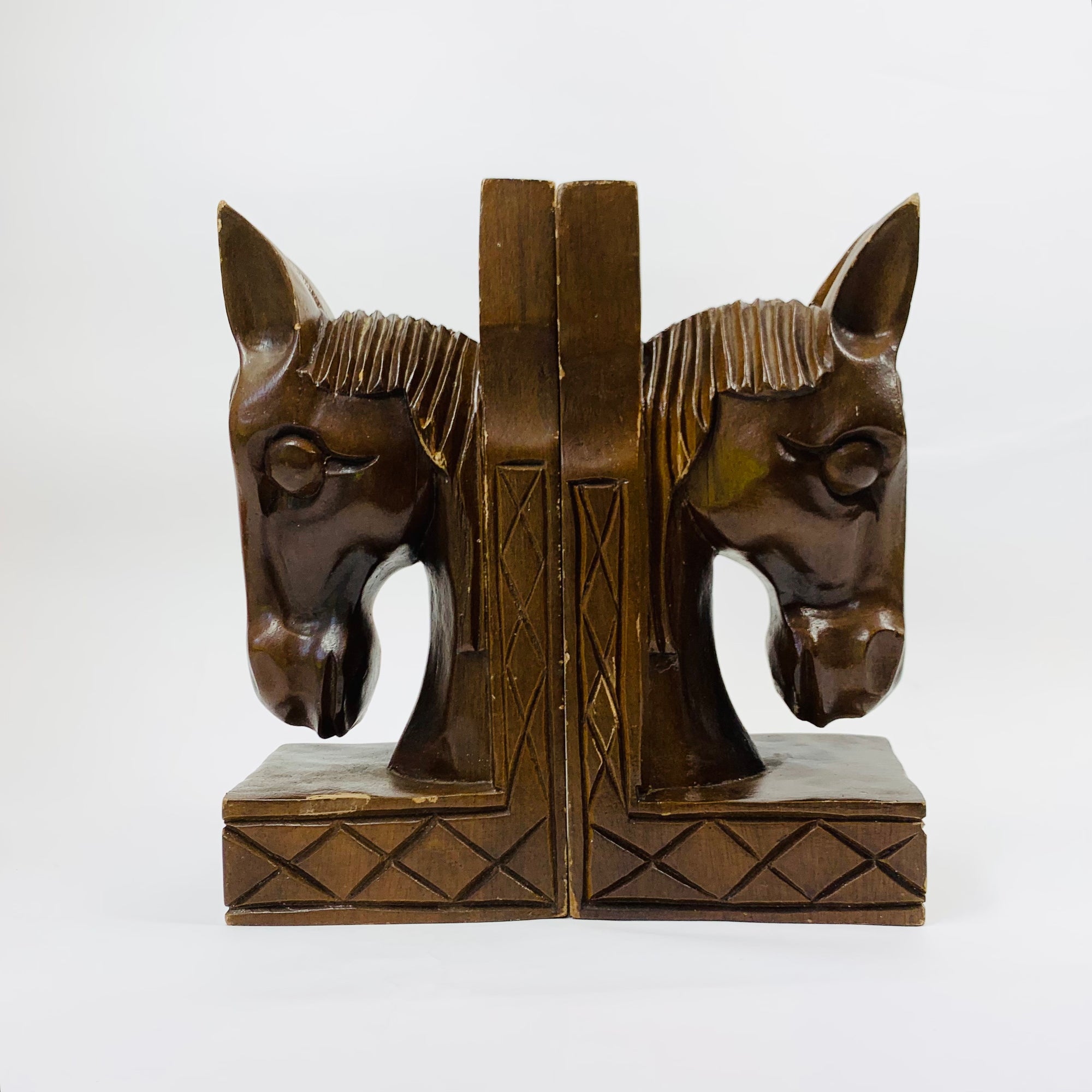 Extremely rare large set of Midcentury hand carved wooden horse head bookends
