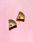 1960s gold plated fan black enamel stud earrings with rhinestones halo
