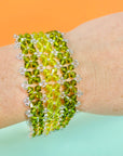 Antique Art Nouveau hand strung green beads bracelet with sterling silver snap clasp