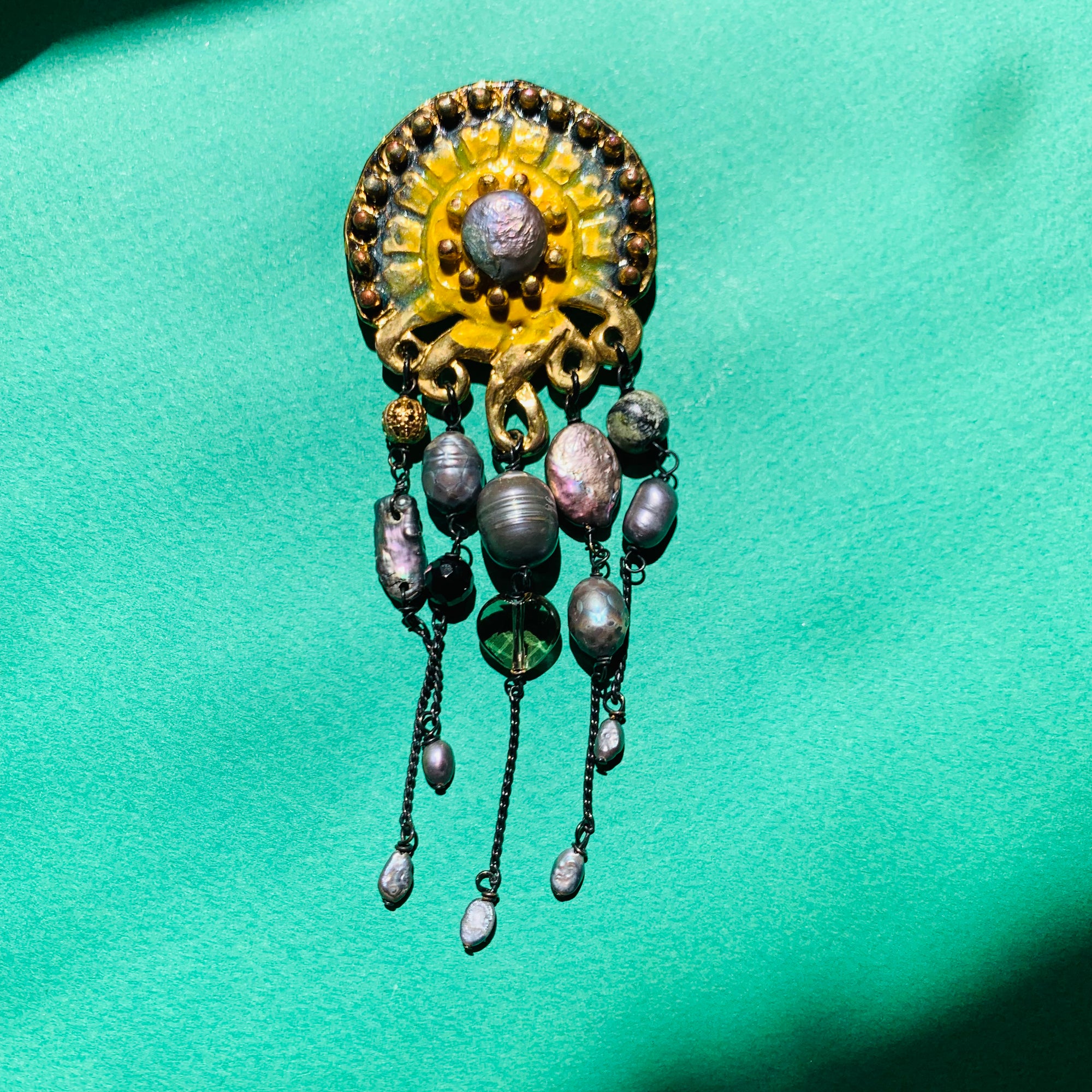 Extremely rare 1980s Nature Bijoux hand made metal enamel jelly fish brooch with pearls