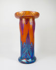 Mouth blown peacock orange and blue iridescent Art Nouveau style glass vase