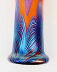 Mouth blown peacock orange and blue iridescent Art Nouveau style glass vase