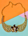 1980s Coro triple plated gold statement necklace with daisy crystals pendant and rhinestones