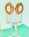 Rare stunning 1960s gold plated clip on pearl button earrings with filigree border