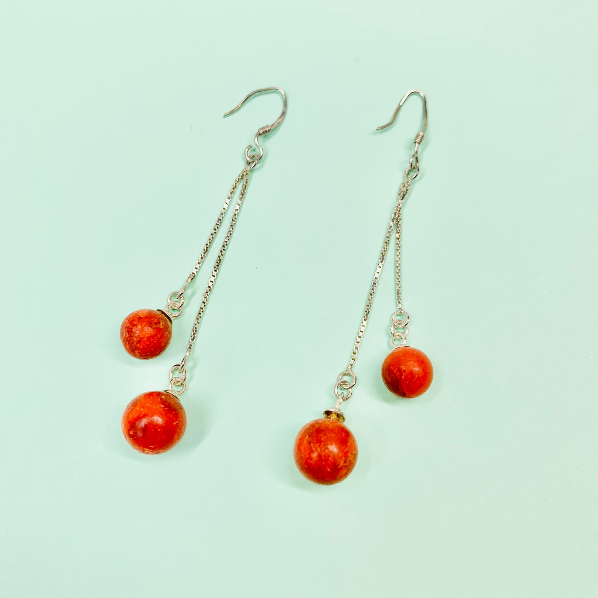 Vintage sterling silver drop earrings with red wood beads