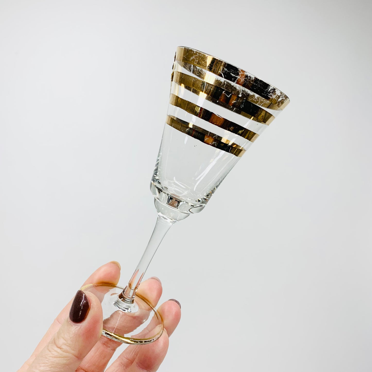 Midcentury hand made Astra Colour liqueur glasses with gold gilding