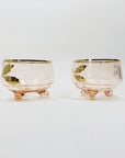 Midcentury pink gold gilded glass serving bowl with strawberry pattern