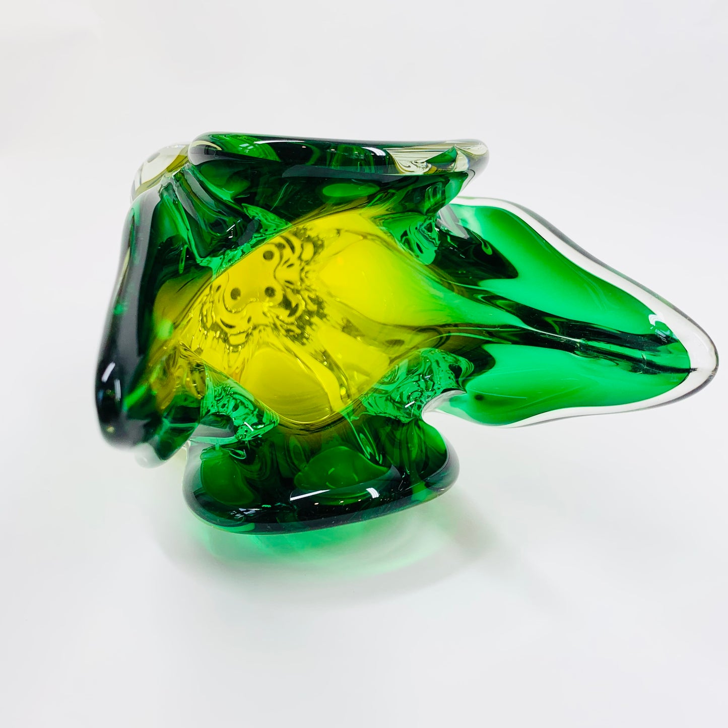 Extremely rare Midcentury Czech Chribska Glassworks green & yellow sommerso glass Cat’s Head vase by Josef Hospodka