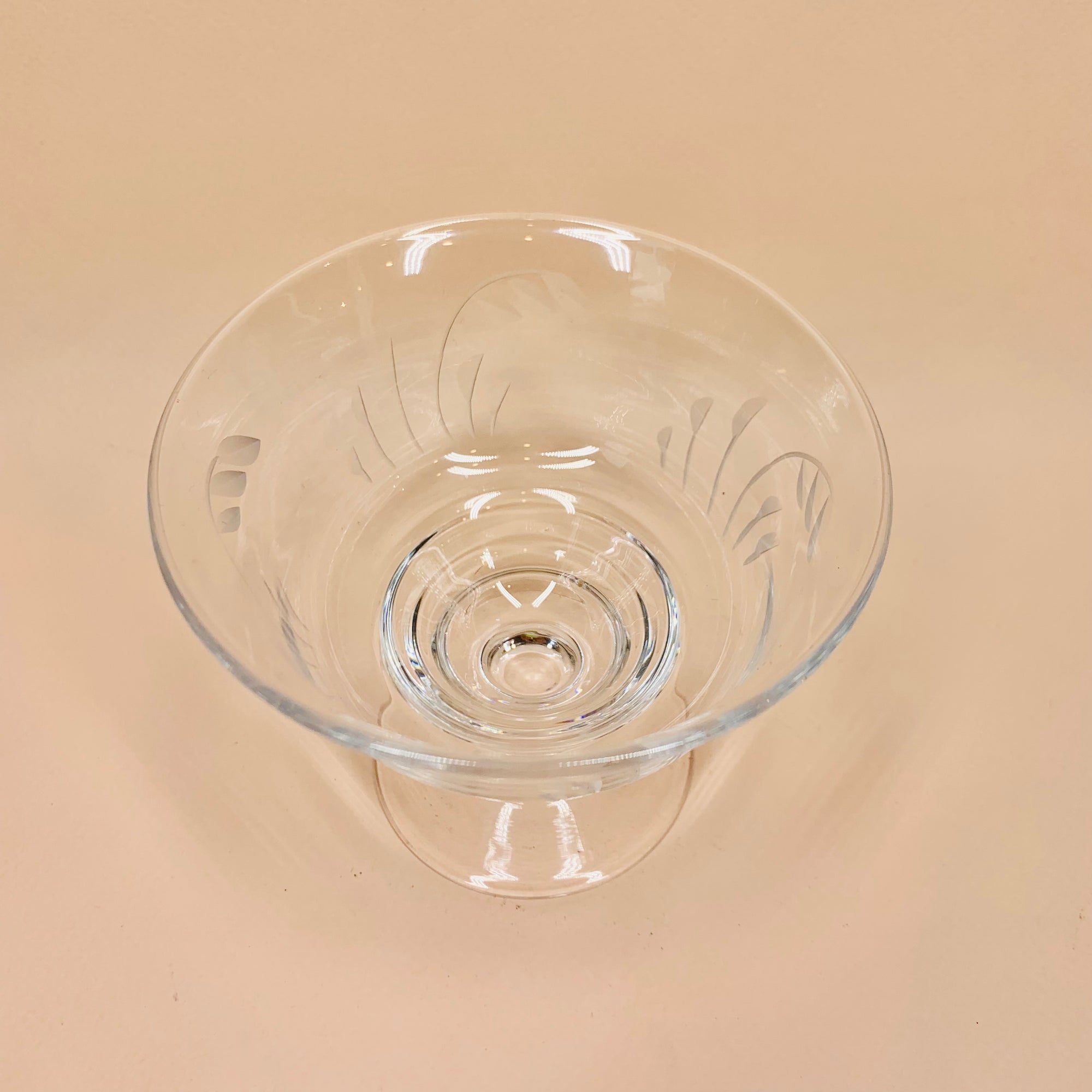 Vintage Stuart cut crystal champagne coupe with etched floral pattern