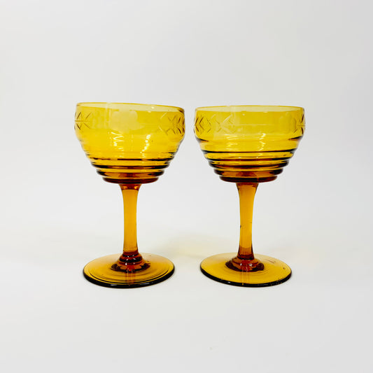 1940s hand etched liqueur glasses with ribbed amber bowls