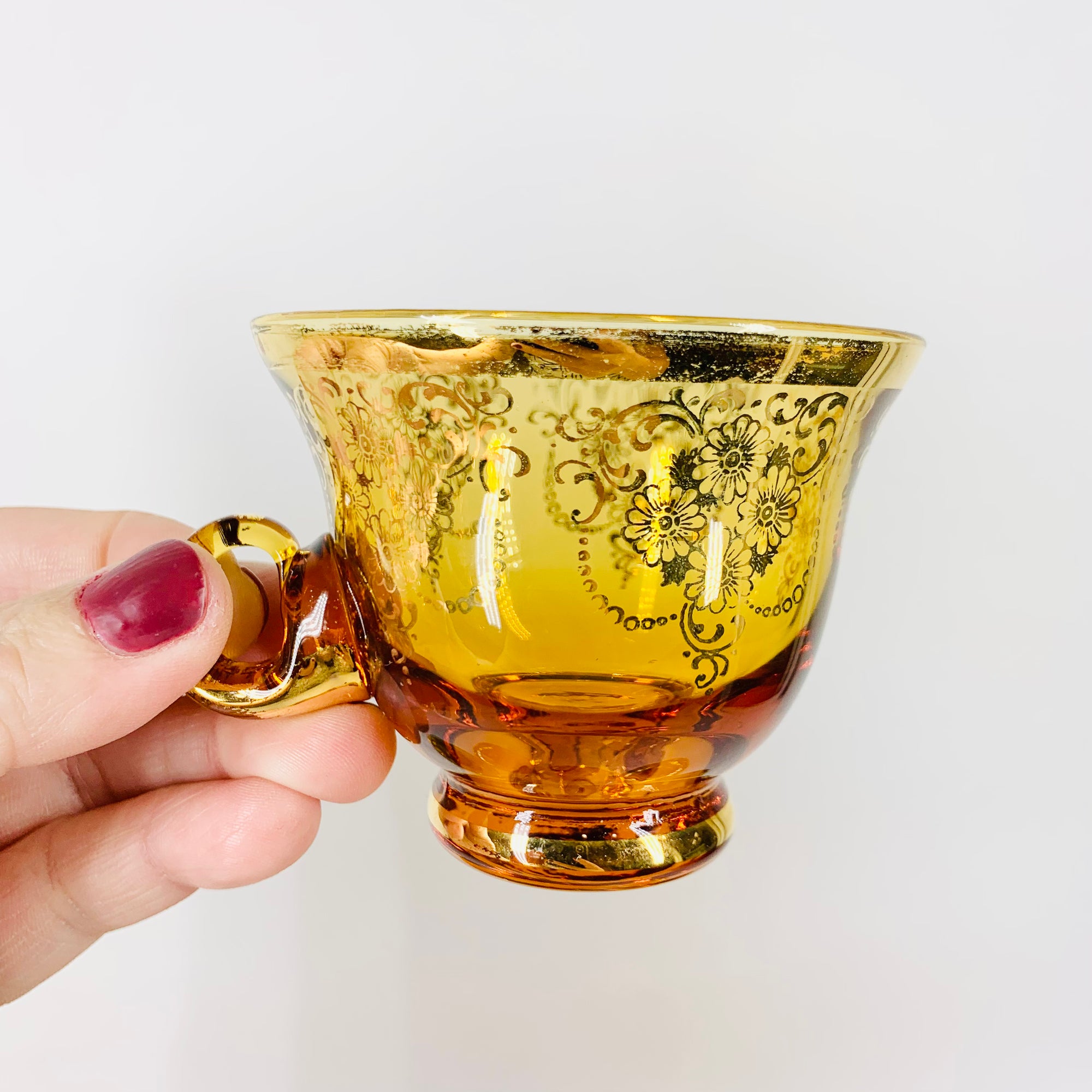 Antique Bohemian amber glass tea set with gold gilding