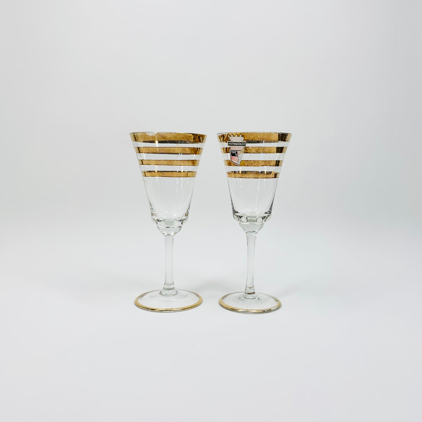 Midcentury hand made Astra Colour liqueur glasses with gold gilding