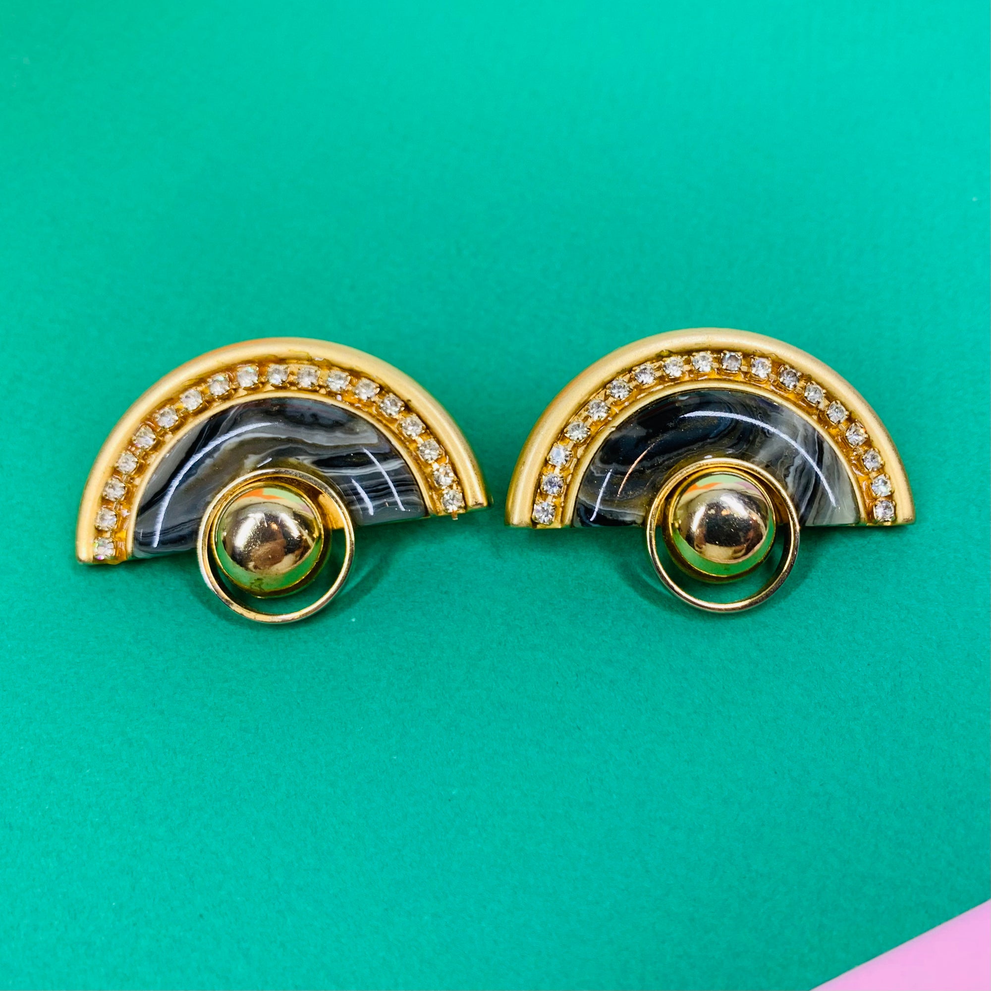 Extremely rare 1970s Egyptian revival fan rhinestone stud earrings
