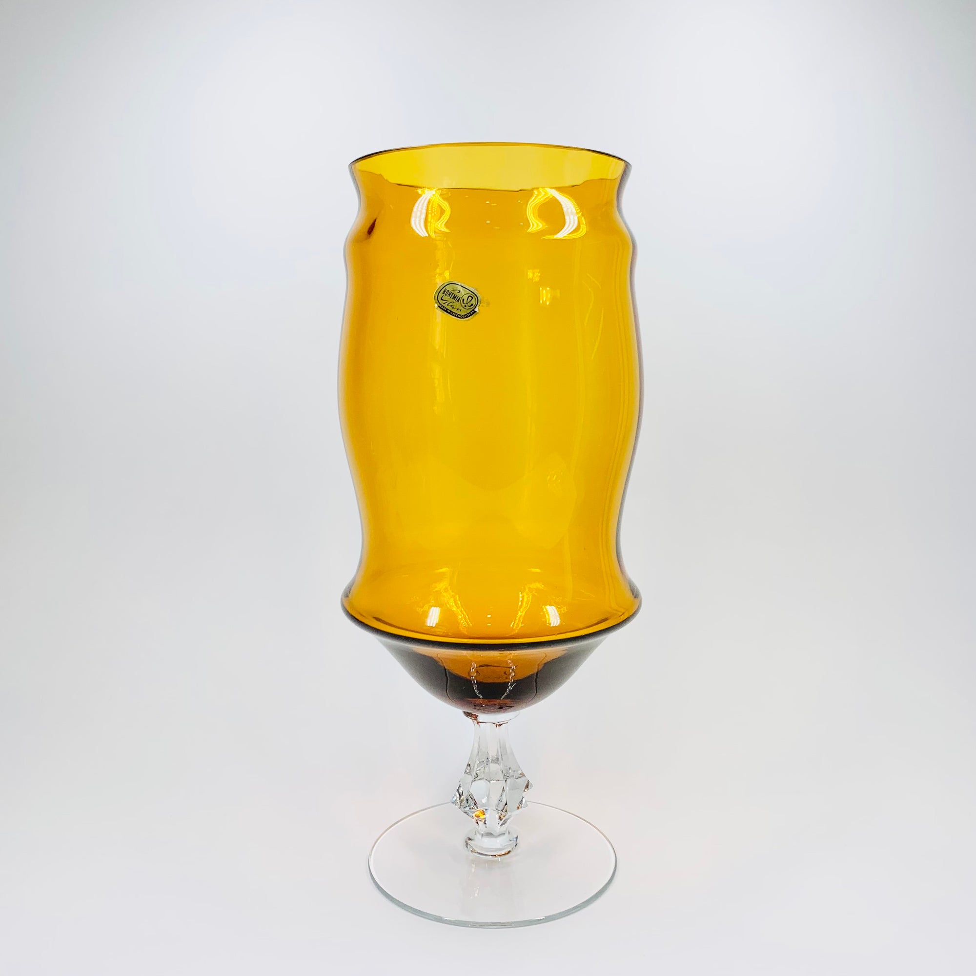 Rare large Midcentury Bohemian amber glass footed vase