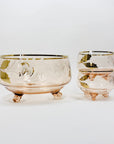 Midcentury pink gold gilded glass serving bowl with strawberry pattern