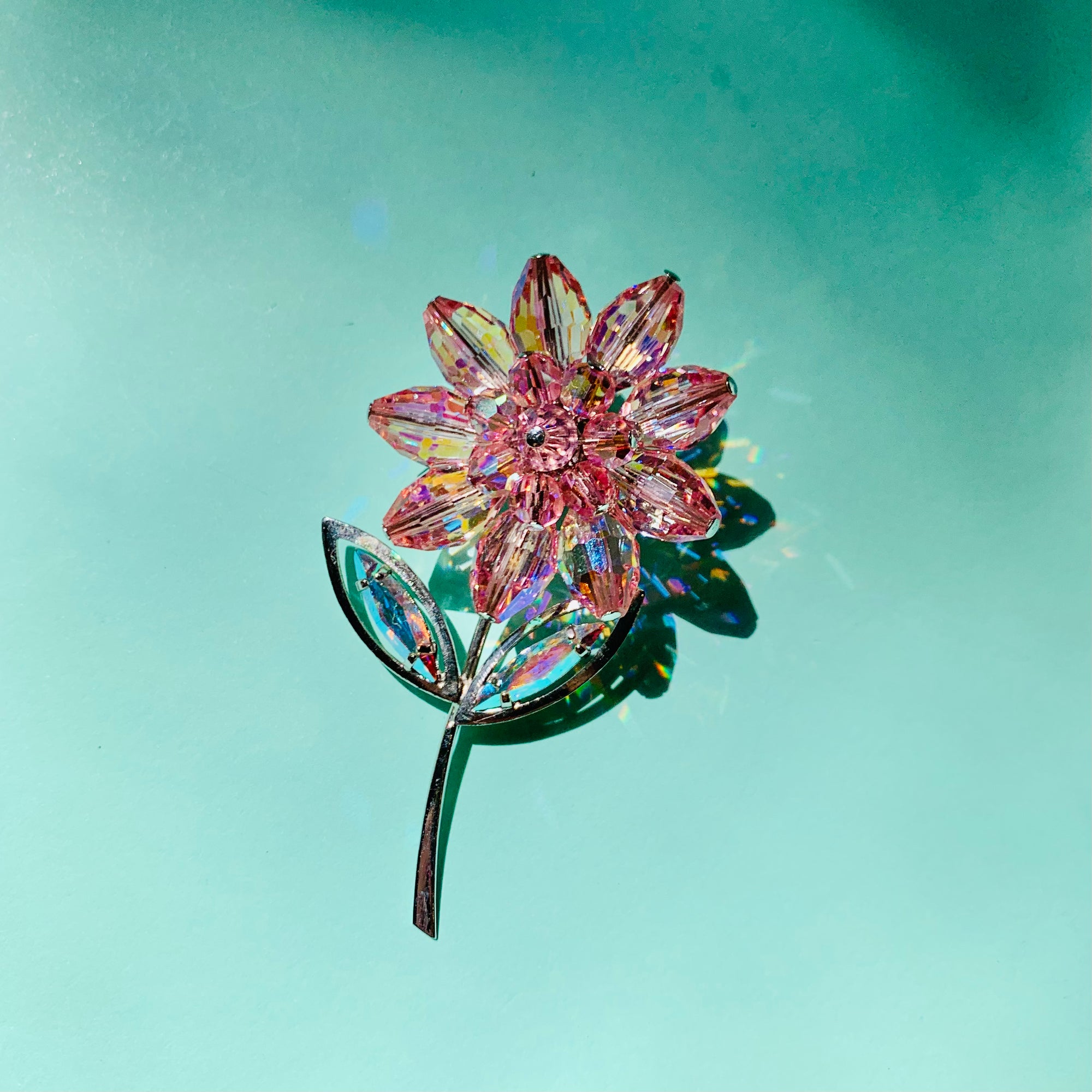 1940s costume flower brooch with pink Swarovski beads