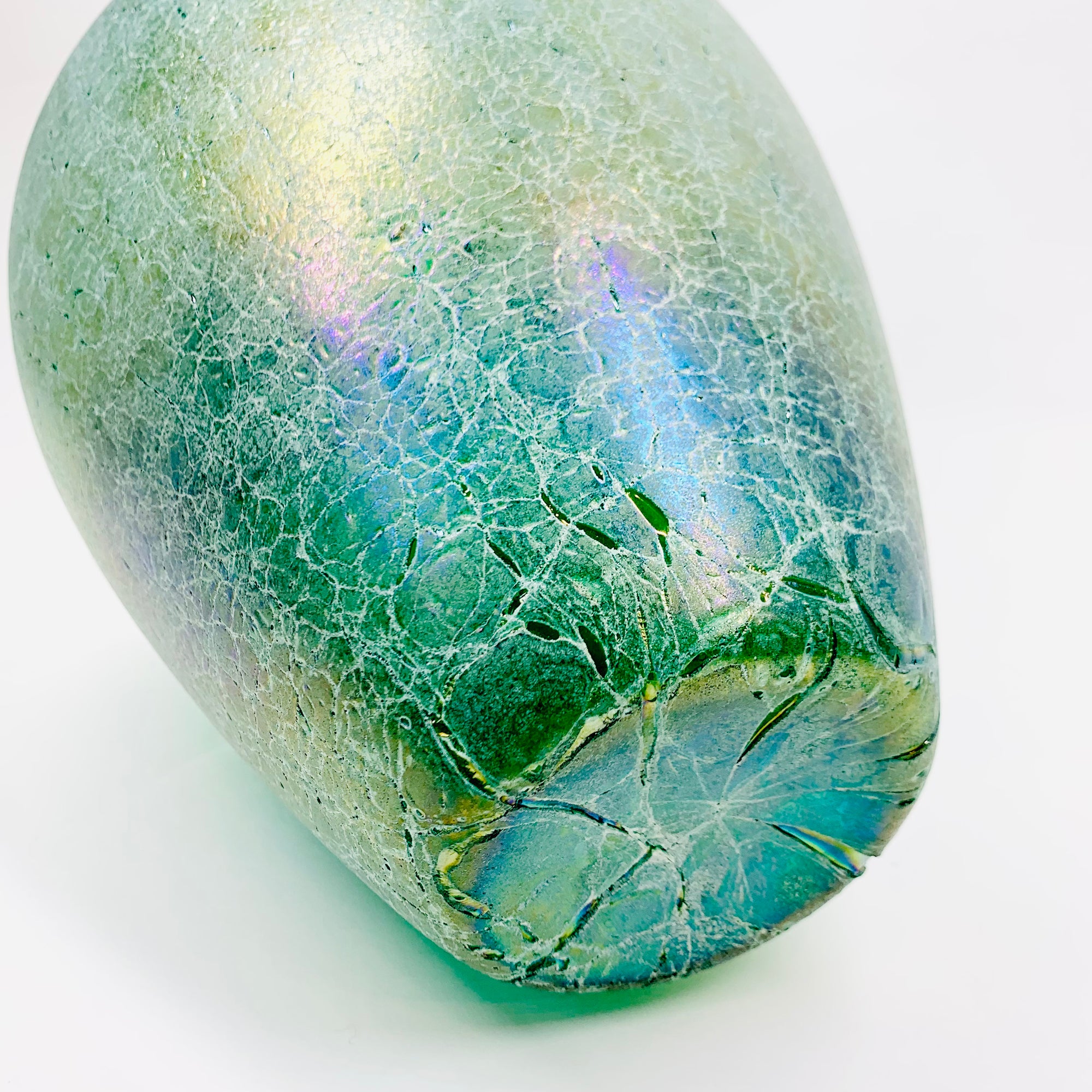Large antique Art Nouveau Kralik hand made peacock iridescent crackle glass vase