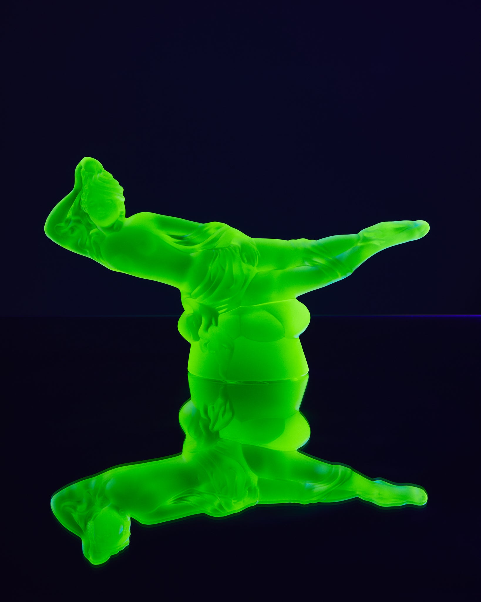 Art Deco reproduction of Lalique lie down Nude with star bangle cape figurine in uranium glass